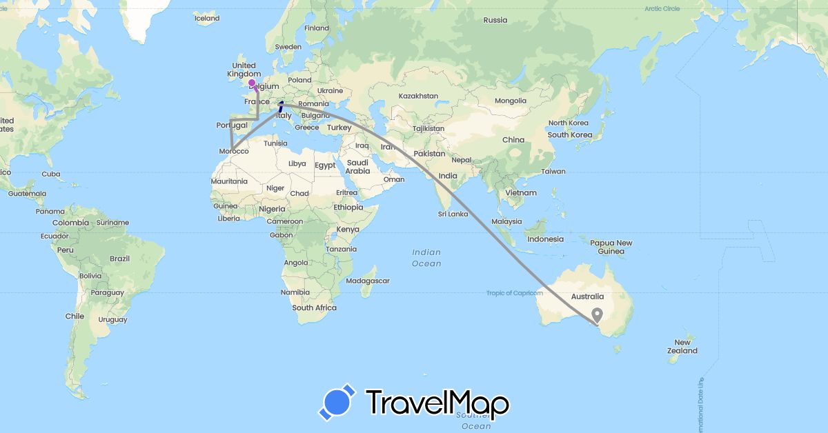 TravelMap itinerary: driving, plane, train in Australia, Spain, France, United Kingdom, Italy, Morocco, Portugal (Africa, Europe, Oceania)